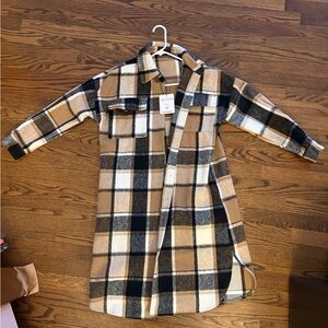 Plaid extra long Shacket in Tan and Black, XS.  New with tag.